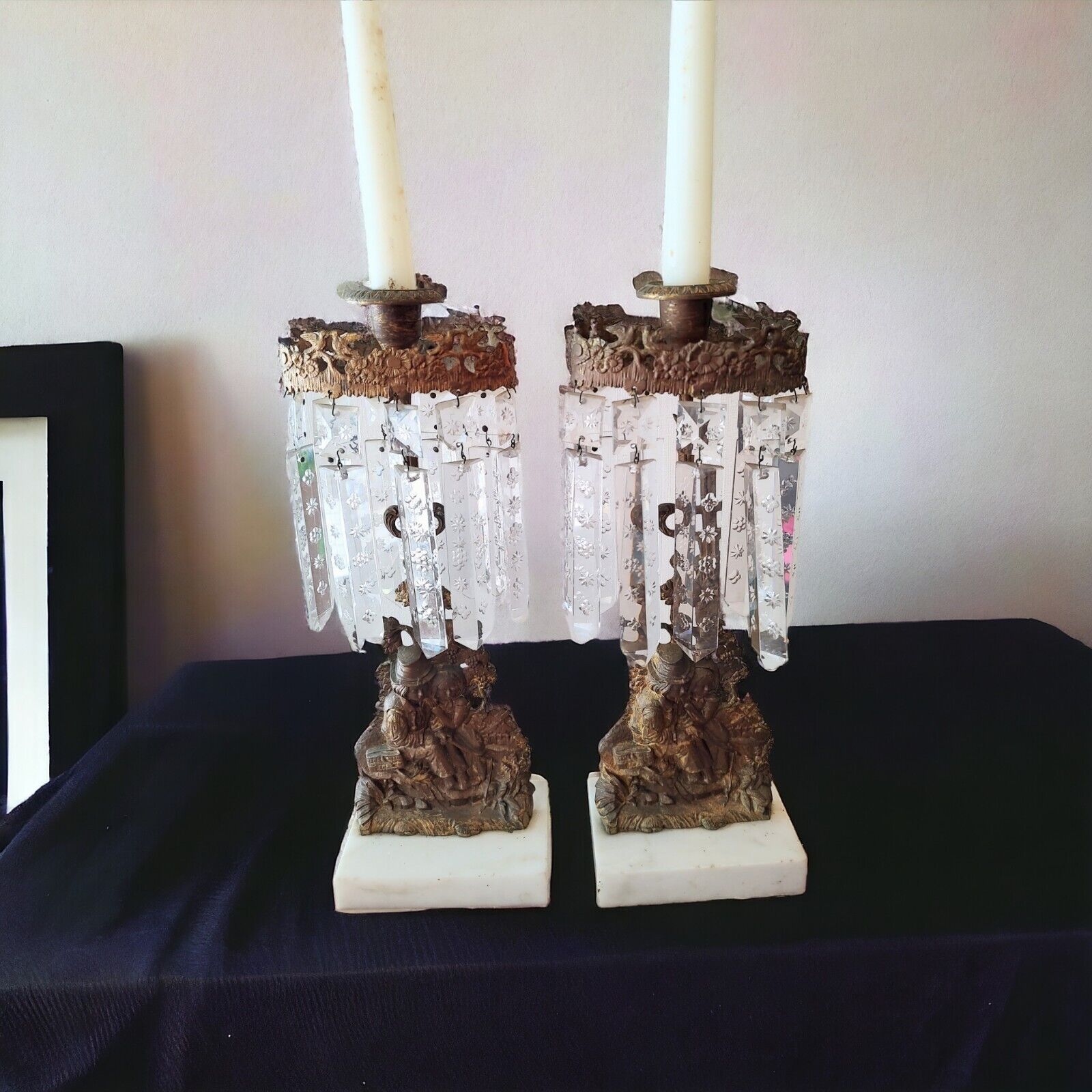 Pair of Antique Victorian Girandole Candelabra Candlesticks with Pretty Prisms