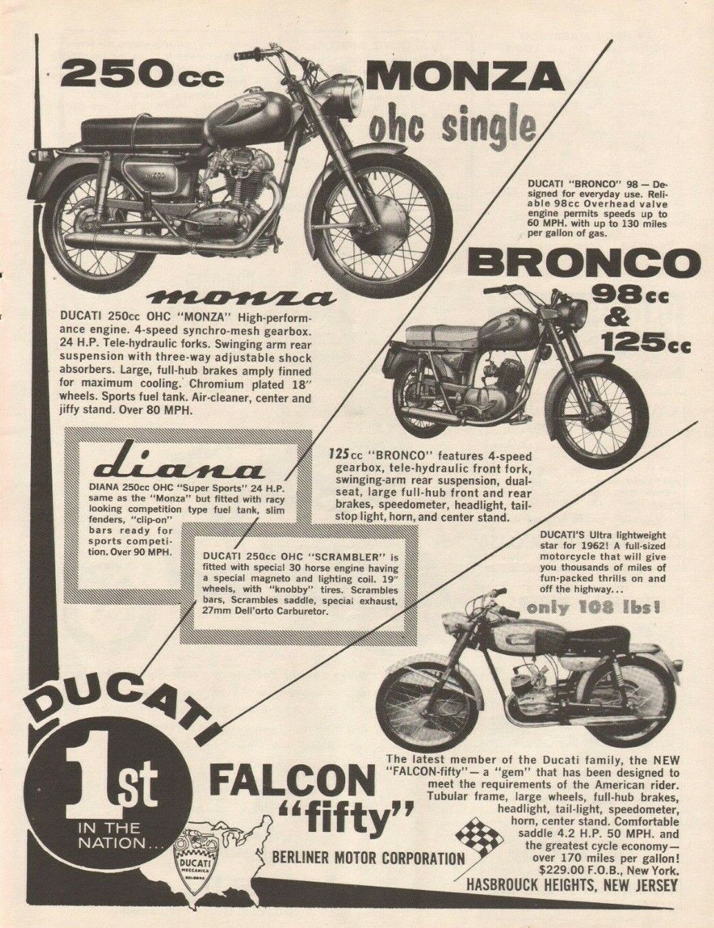 1963 Ducati Monza, Bronco, Diana, Falcon 50 Fifty - Vintage Motorcycle Ad