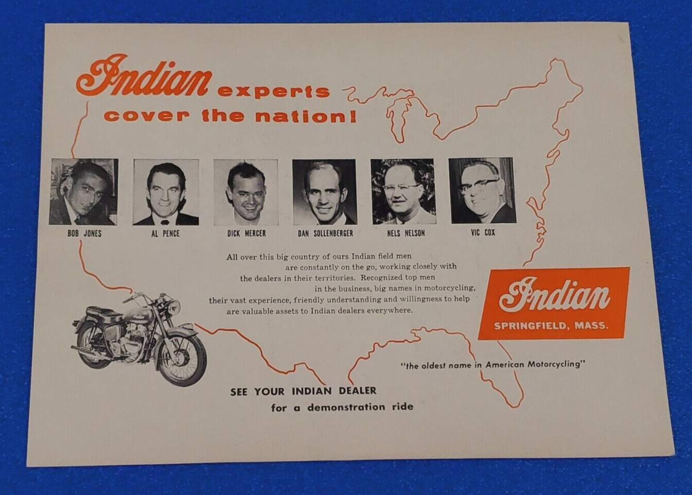 1955 INDIAN MOTORCYCLE DEALER LIST UNITED STATES ORIGINAL PRINT AD SHIPS FREE