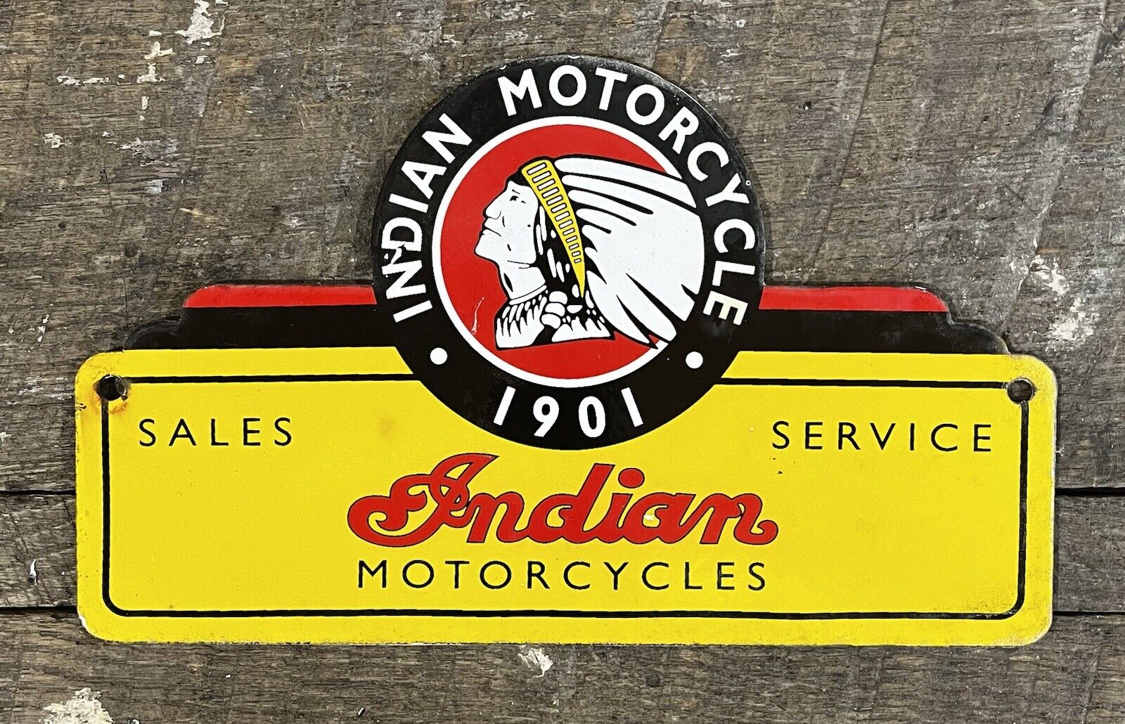 Indian Motorcycle Sales & Service Vintage Motorcycle Porcelain Sign, 6” x 10”