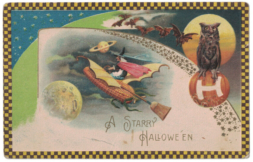 Schmucker Winsch Embossed Witch Flying Corn Broom Plane Halloween Postcard 1915