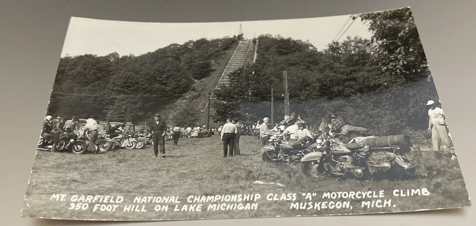 MUSKEGON Michigan -Post Card- Real Photo Mt. Garfield National Motorcycle Climb.