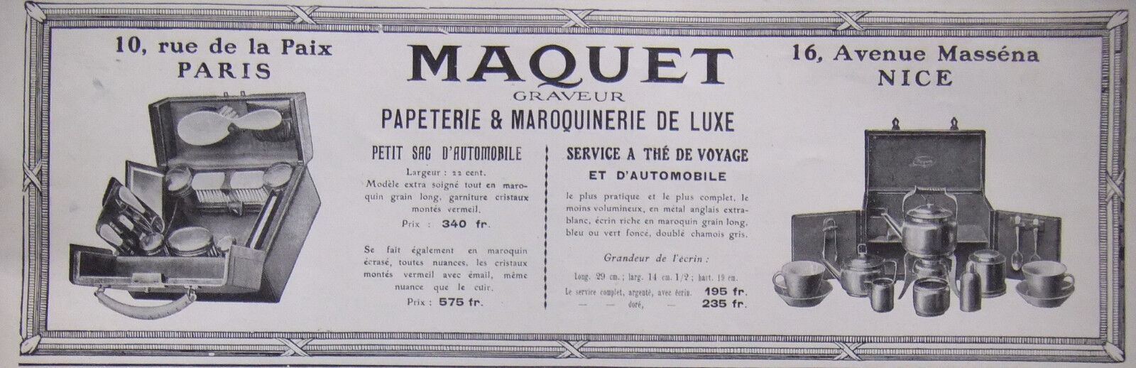  1913 PRESS ADVERTISING MODEL LUXURY LEATHER GOODS CAR BAG TEA SERVICE