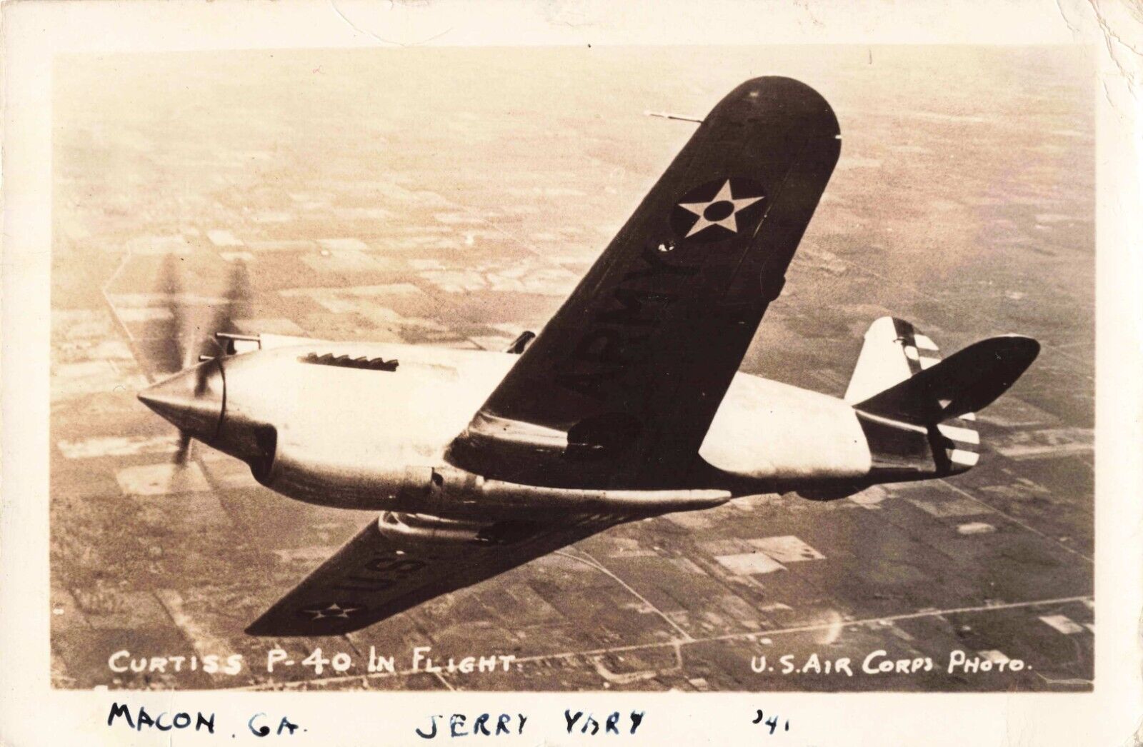 Curtiss P-40 in Flight Over Macon Georgia GA 1941 Real Photo RPPC