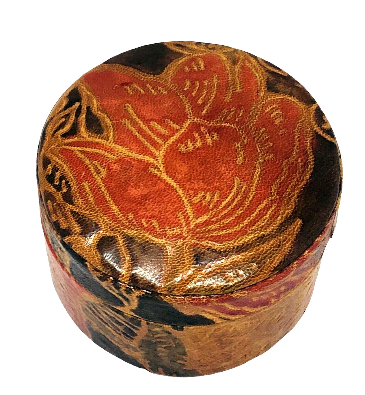 Tooled Leather Floral Flower Trinket or Jewelry Box With Lid Red Brown Green