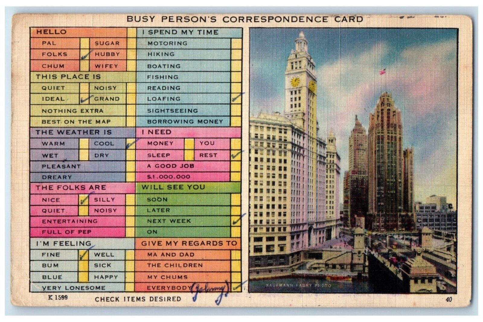1948 Buildings Clock Tower Chicago Illinois IL Checklist Correspondence Postcard
