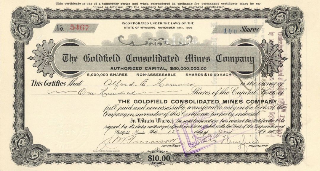 Goldfield Consolidated Mines Co. Signed by Geo. Wingfield - Stock Certificate - 