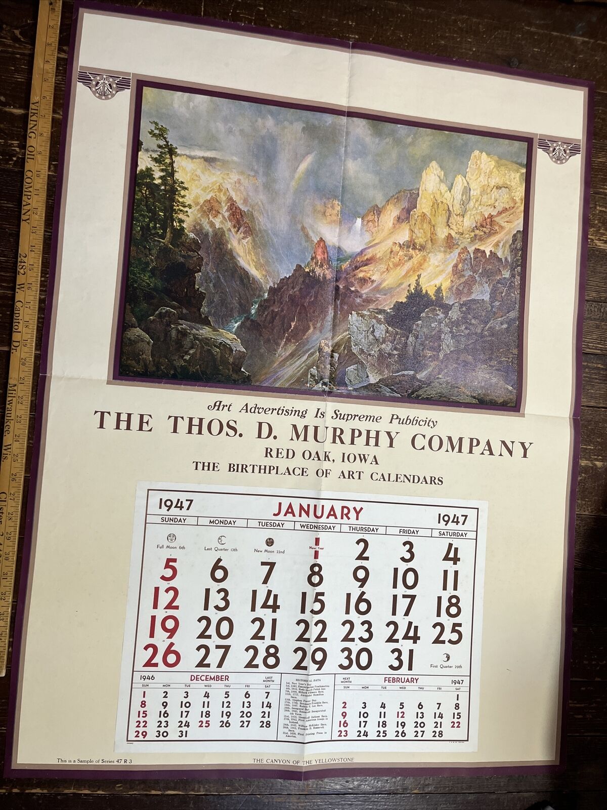 1947 Salesman Copy Calendar The Canyon Of The Yellowstone Series 49R3 RARE VTG