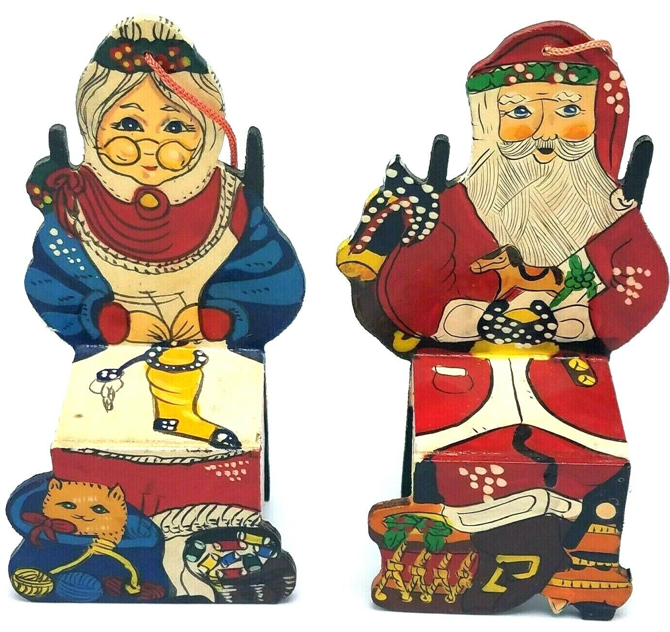 Vtg 1989 Original SIGNED Painted Wood Christmas Ornaments Santa & Mrs. Claus