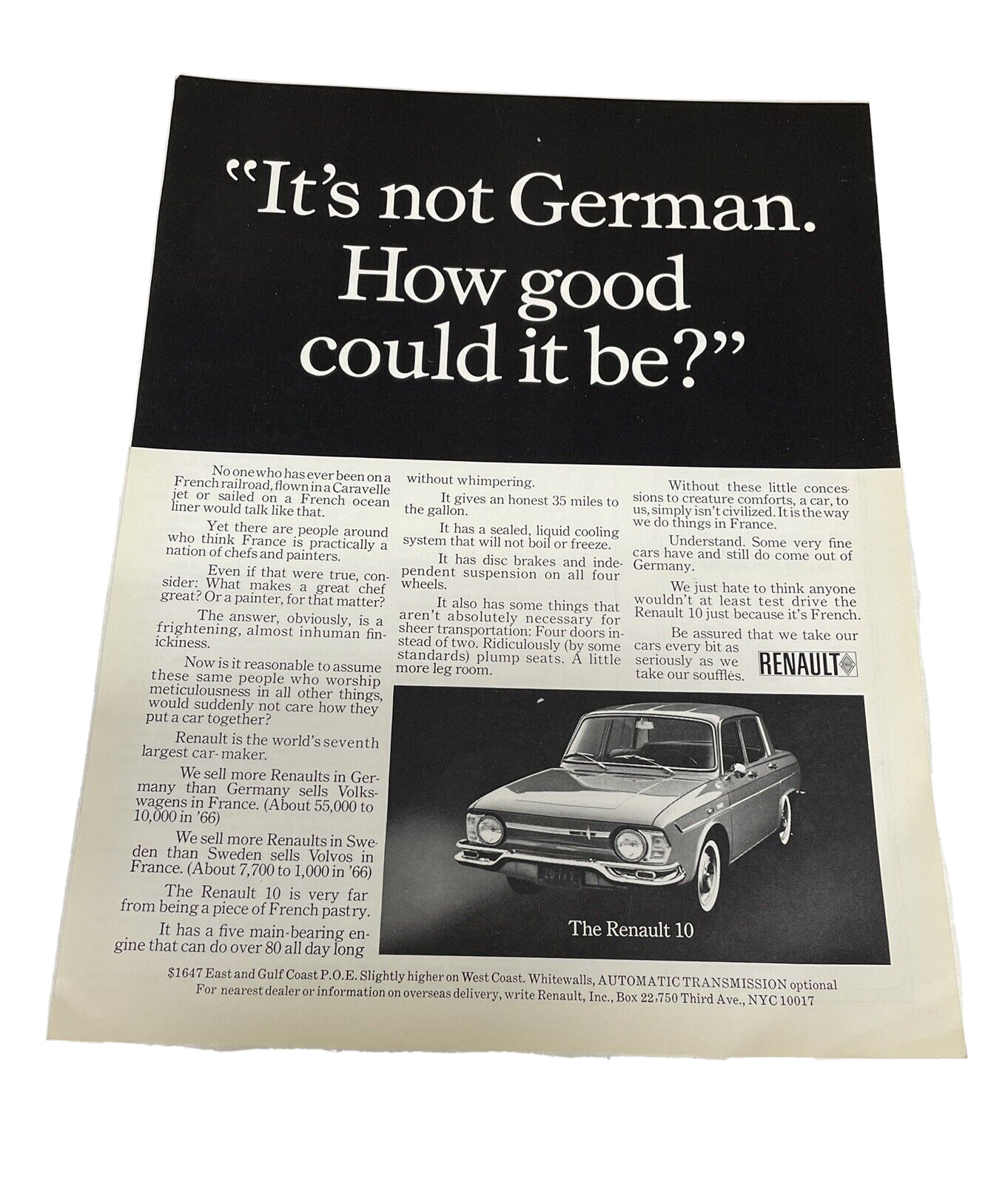 Renault 10 Vintage Car Advertisement It\'s Not German How Good Could it Be 1967