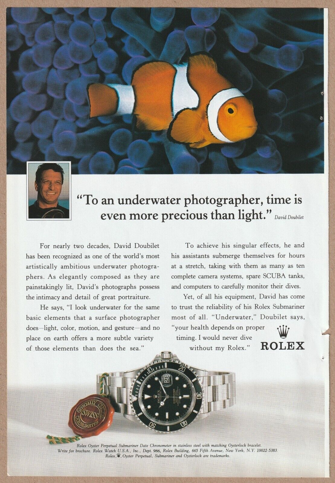 1996 Rolex Submariner Watch Vintage Print Ad Underwater Photographer Clown Fish
