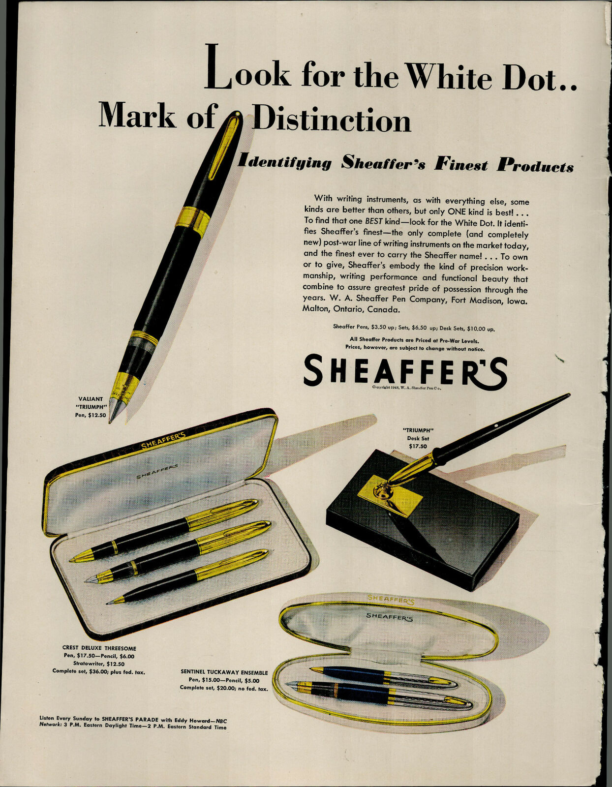 1948 Sheaffer\'s Pen Look For The White Dot $17.50 Vintage Print Ad 3855