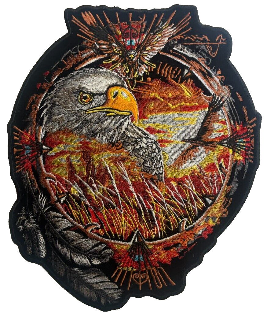 INDIAN AMERICAN EAGLE WITH FEATHERS LARGE BIKER IRON ON PATCH 11X9 INCH