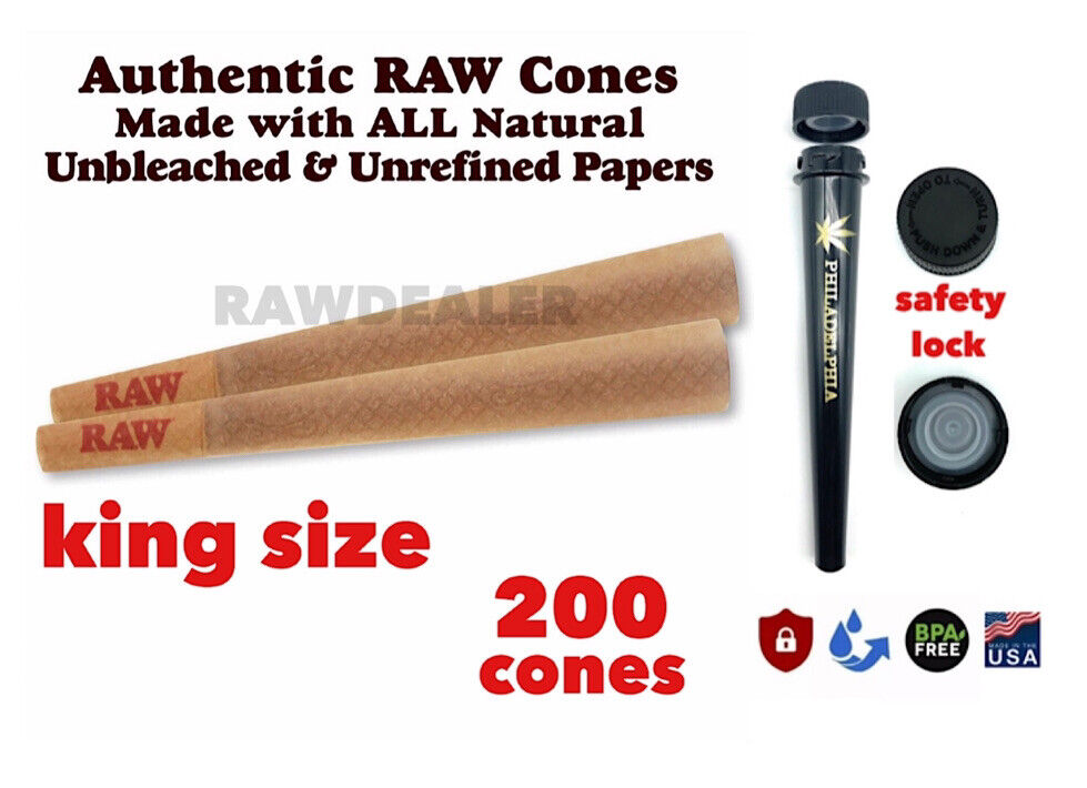 RAW classic king size pre rolled cone with tip (200 pack)+safety lock odor tube