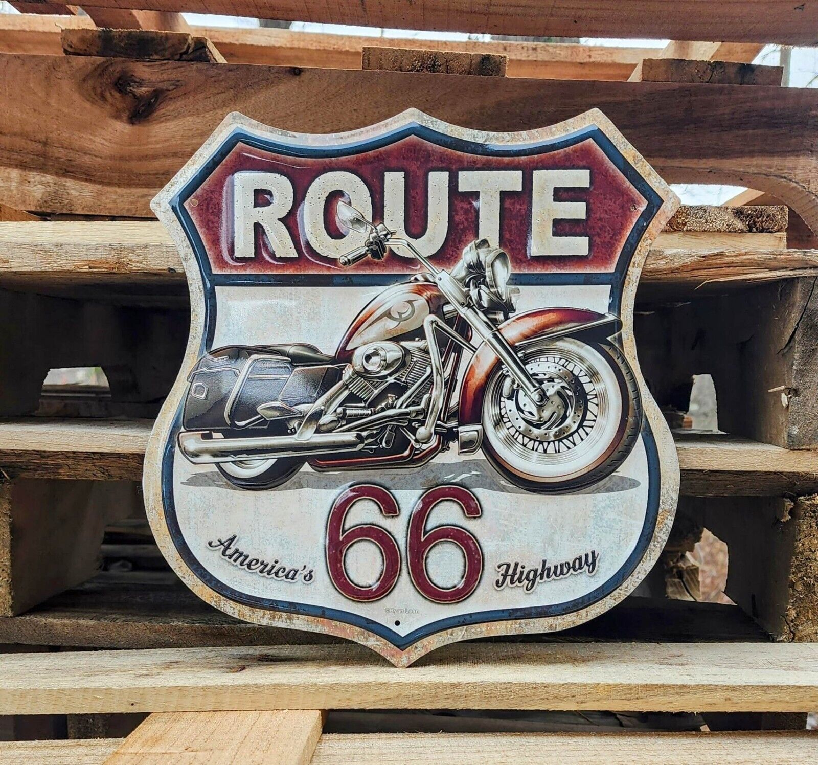 Route 66 Roadsign w/ Motorcycle TIN SIGN vintage biker gift garage USA cruiser