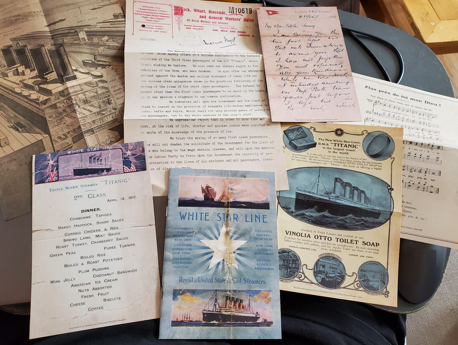 7 TITANIC Memrobilia Set Menu Advert Sheet Music Letters Booklet Photos Antique