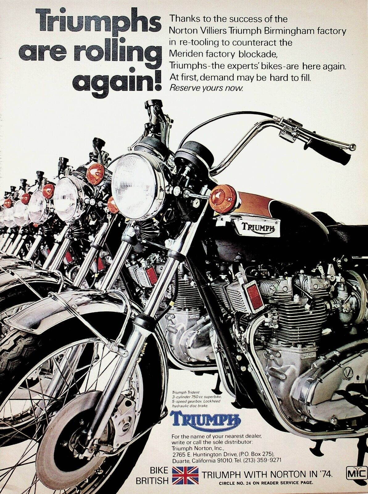 1974 Triumph Trident Meriden Factory Blockade - Vintage Motorcycle Ad