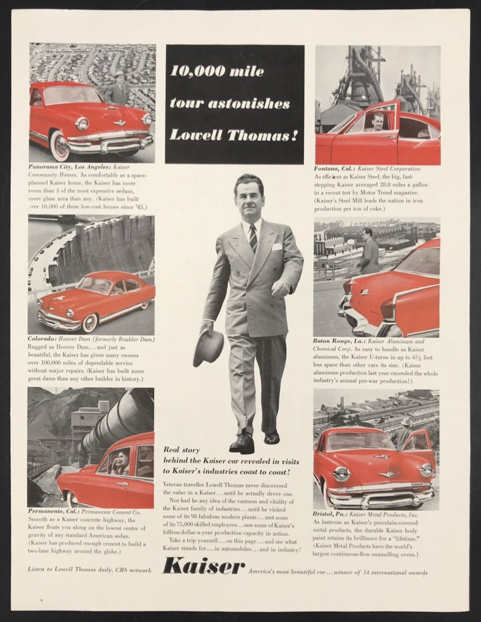 1950s Kaiser Frazer\'s Henry J Red Sedan Car Lowell Thomas Print Ad 13.5\