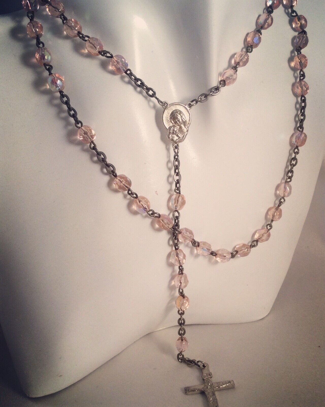 Antique Vintage Old Pink AB Glass Rosary Beads Silver Cross Necklace INRI