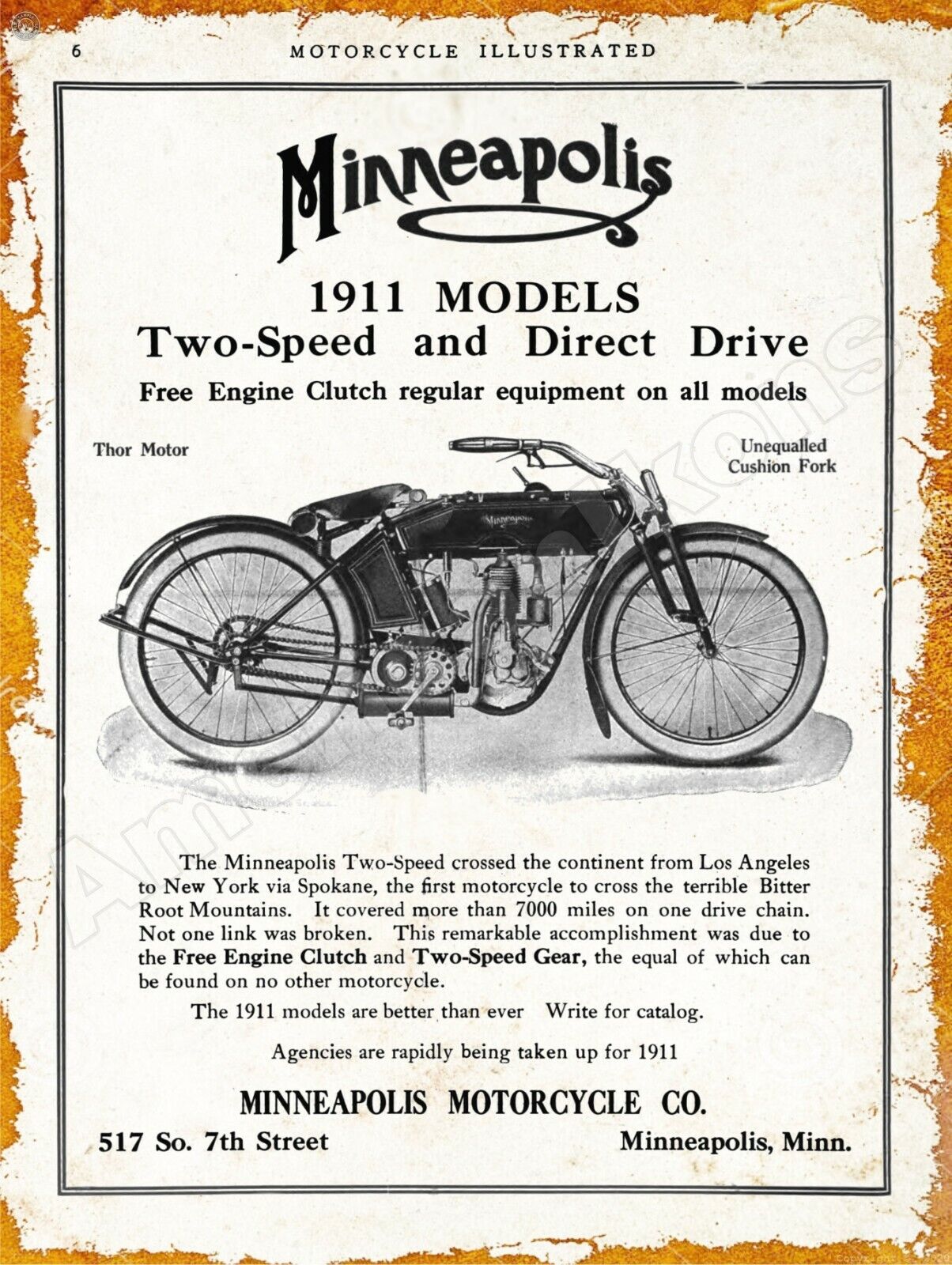 1911 Minneapolis Motorcycle New Metal Sign: Minneapolis, Minnesota - 7th Street