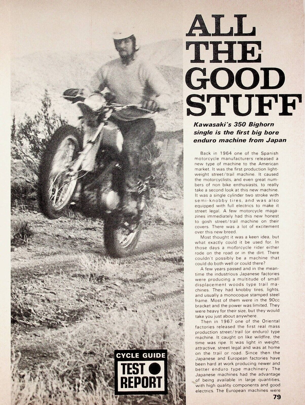 1970 Kawasaki F5 Bighorn 350 Road Test - 5-Page Vintage Motorcycle Article