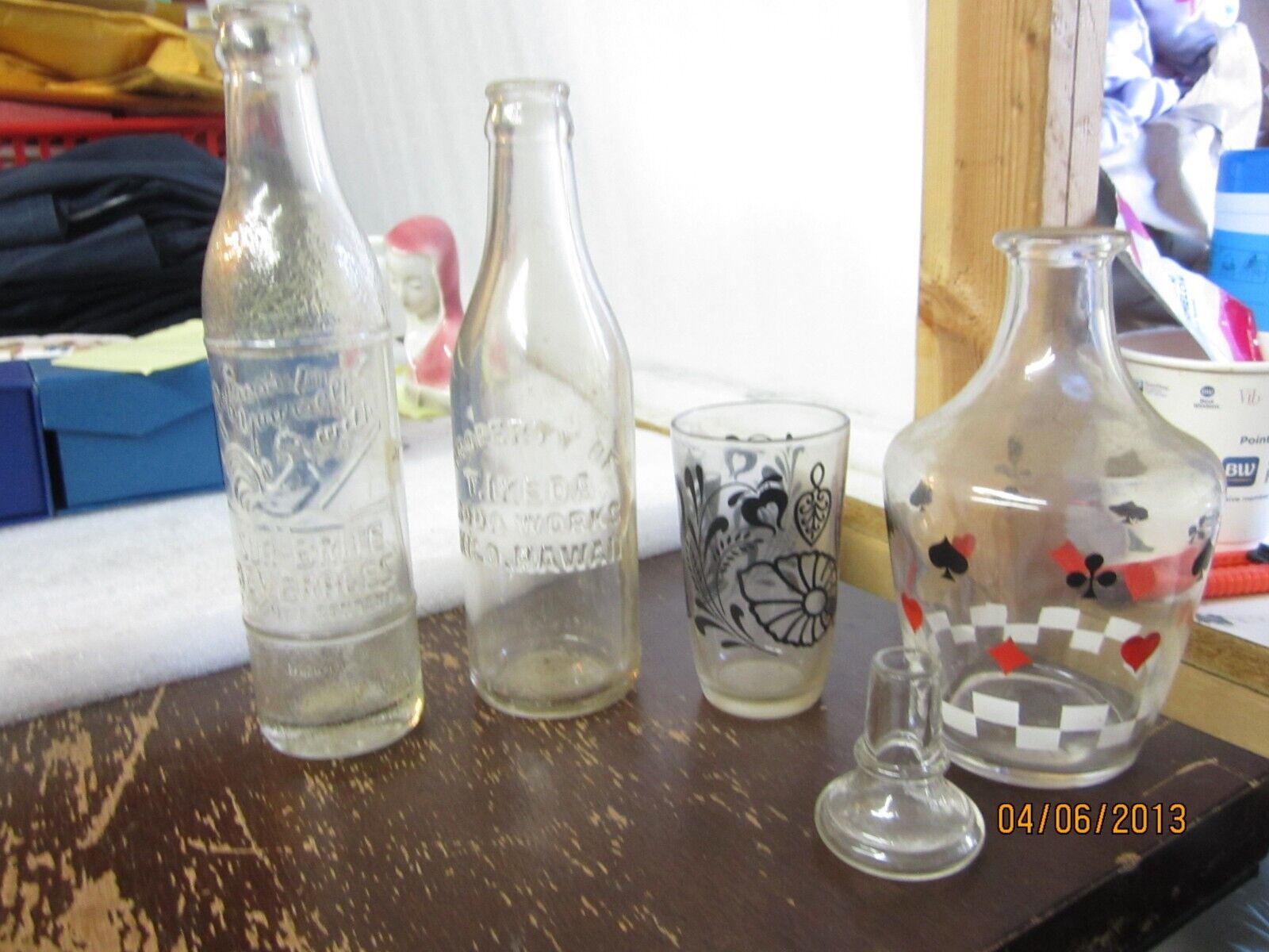 Lot of 2 Vintage Hawaiin Soda BEVERAGE bottles, glass and wine decanter