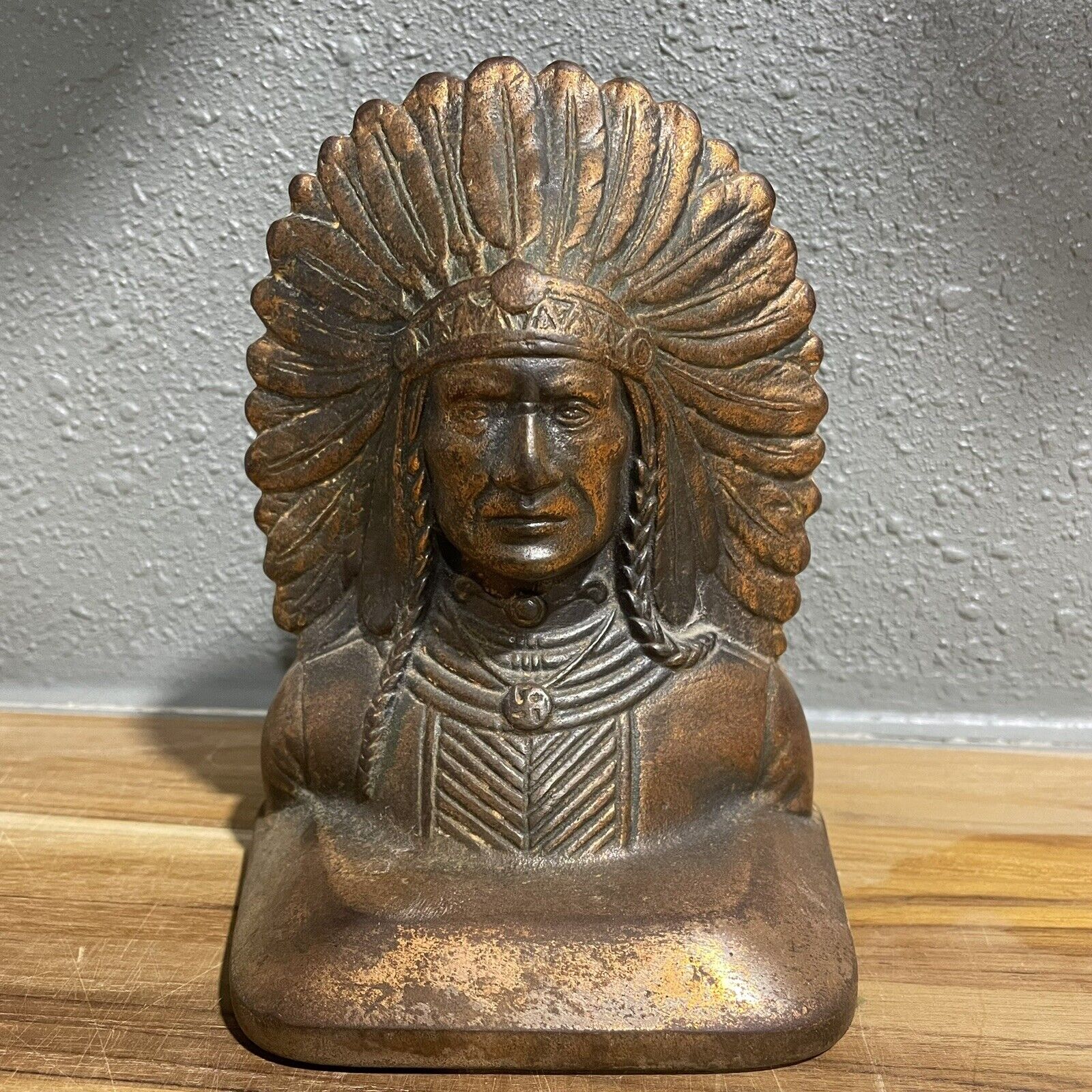 Antique Native American Indian Chief Metal Statue Sculpture Bookends Brass