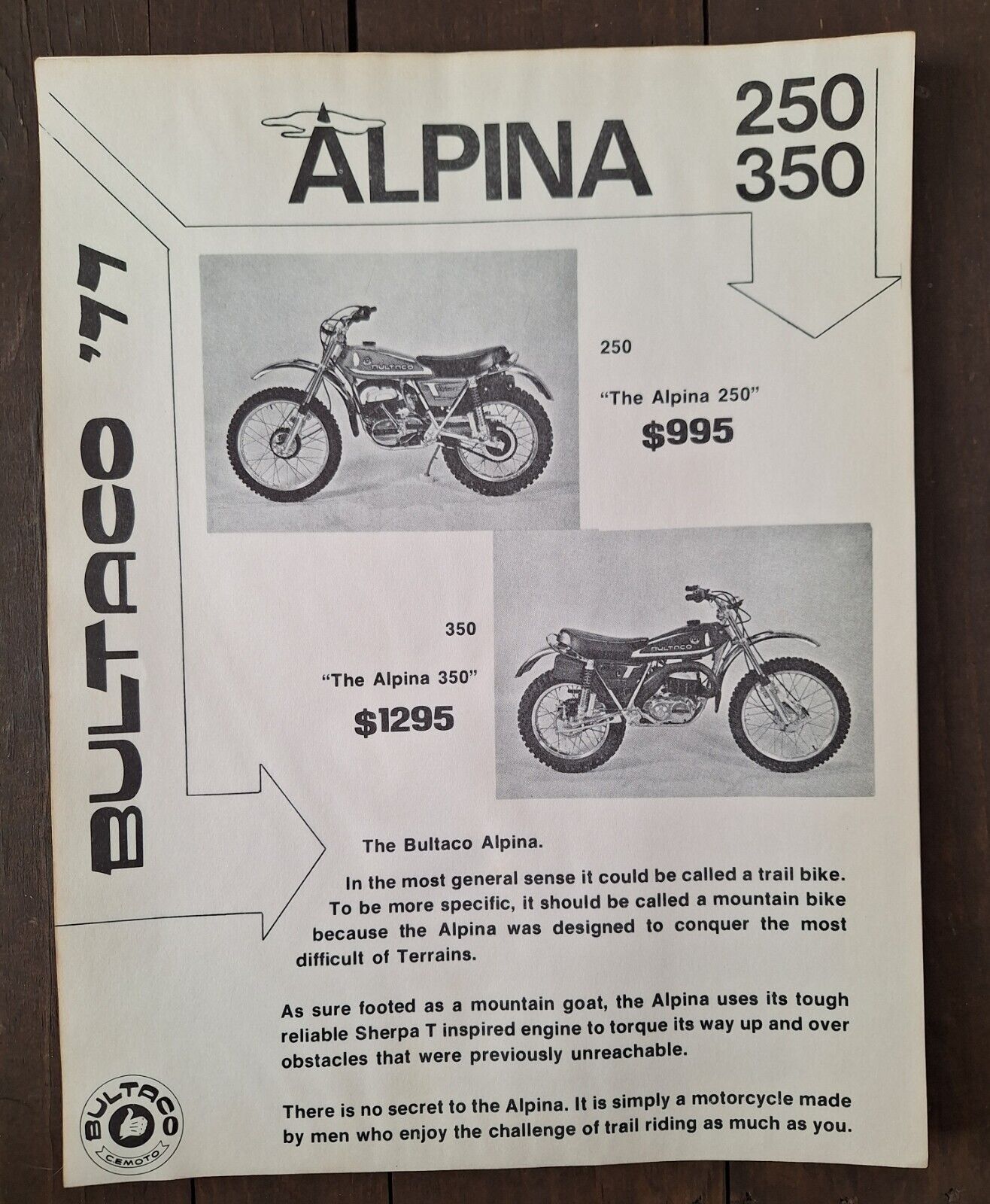 BULTACO Advertising Flyer / Black & White /  1977 Alpina 250 / 350 , 11x8 1/2
