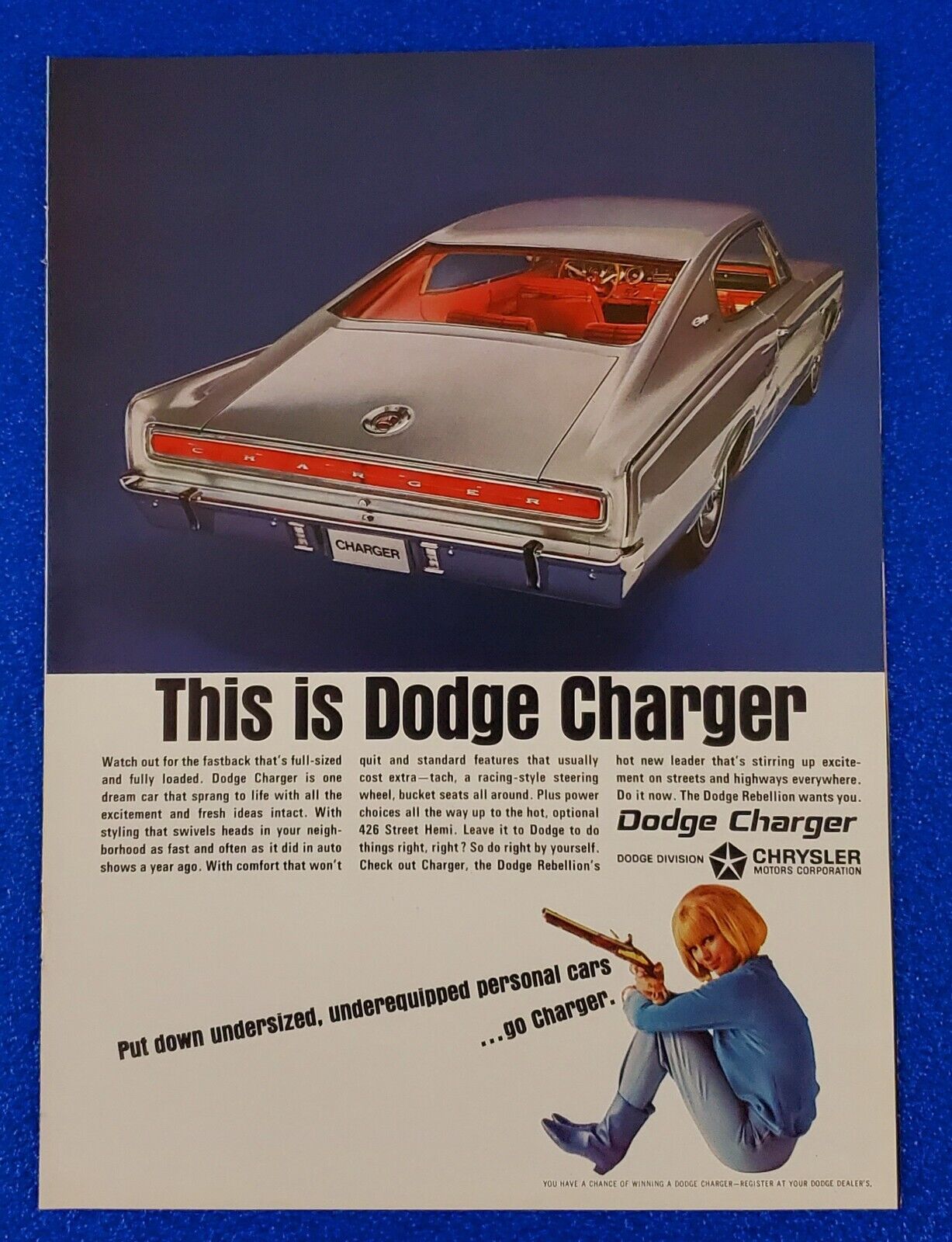 1966 DODGE CHARGER 426 STREET HEMI ORIGINAL COLOR VINTAGE PRINT AD SHIPS FREE