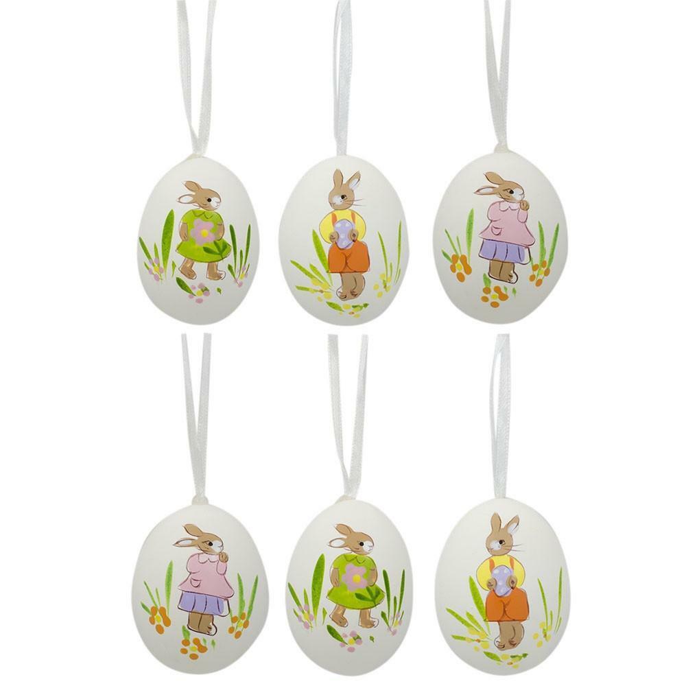 Set of 6 Real Eggshell Hand Painted Bunny Easter Egg Ornaments 2.5 Inches