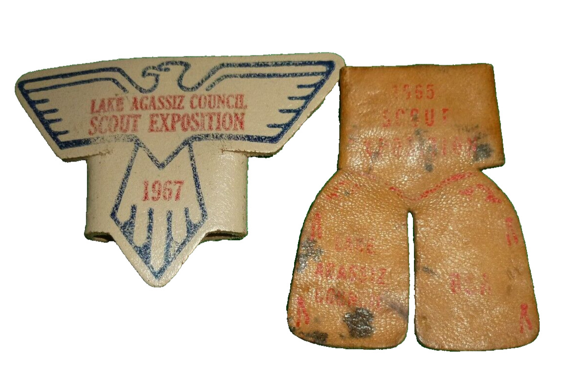 2 1967 1965 Lake Agassiz Council Exposition Leather Neckerchief Slide BSA Scout