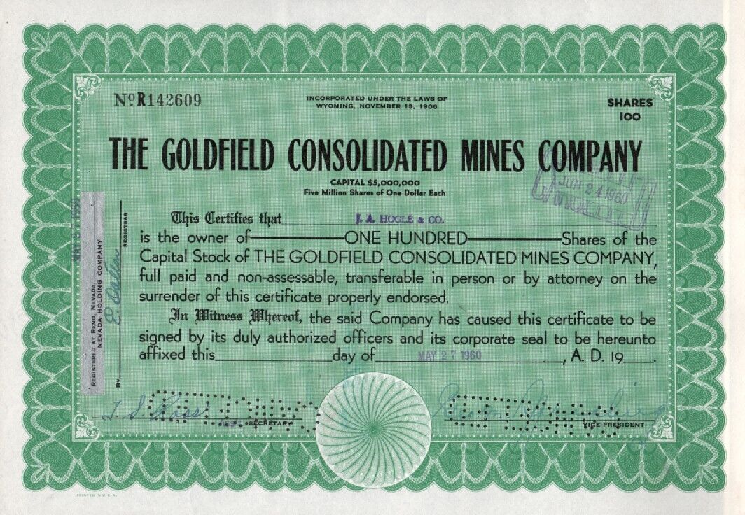 Goldfield Consolidated Mines Co - Original Stock Certificate - 1960 - R142609