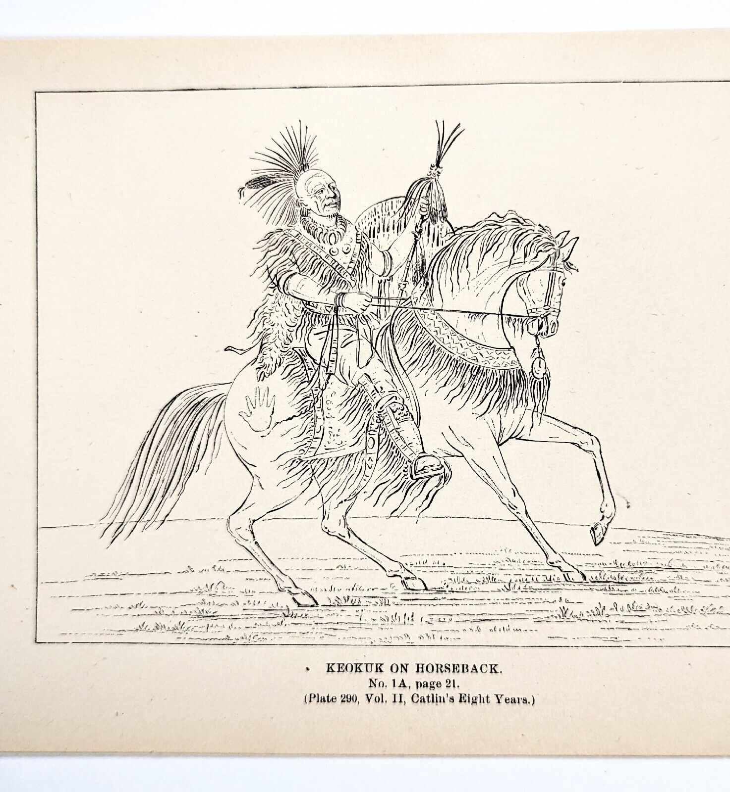 1885 Keokuk Sauk Indian Leader on Horse Engraving George Catlin Native American