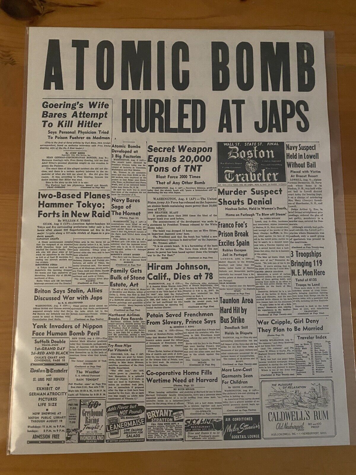 VINTAGE NEWSPAPER HEADLINE~WORLD WAR 2 U.S. DROPS ATOMIC BOMB ON JAPAN WWII 1945