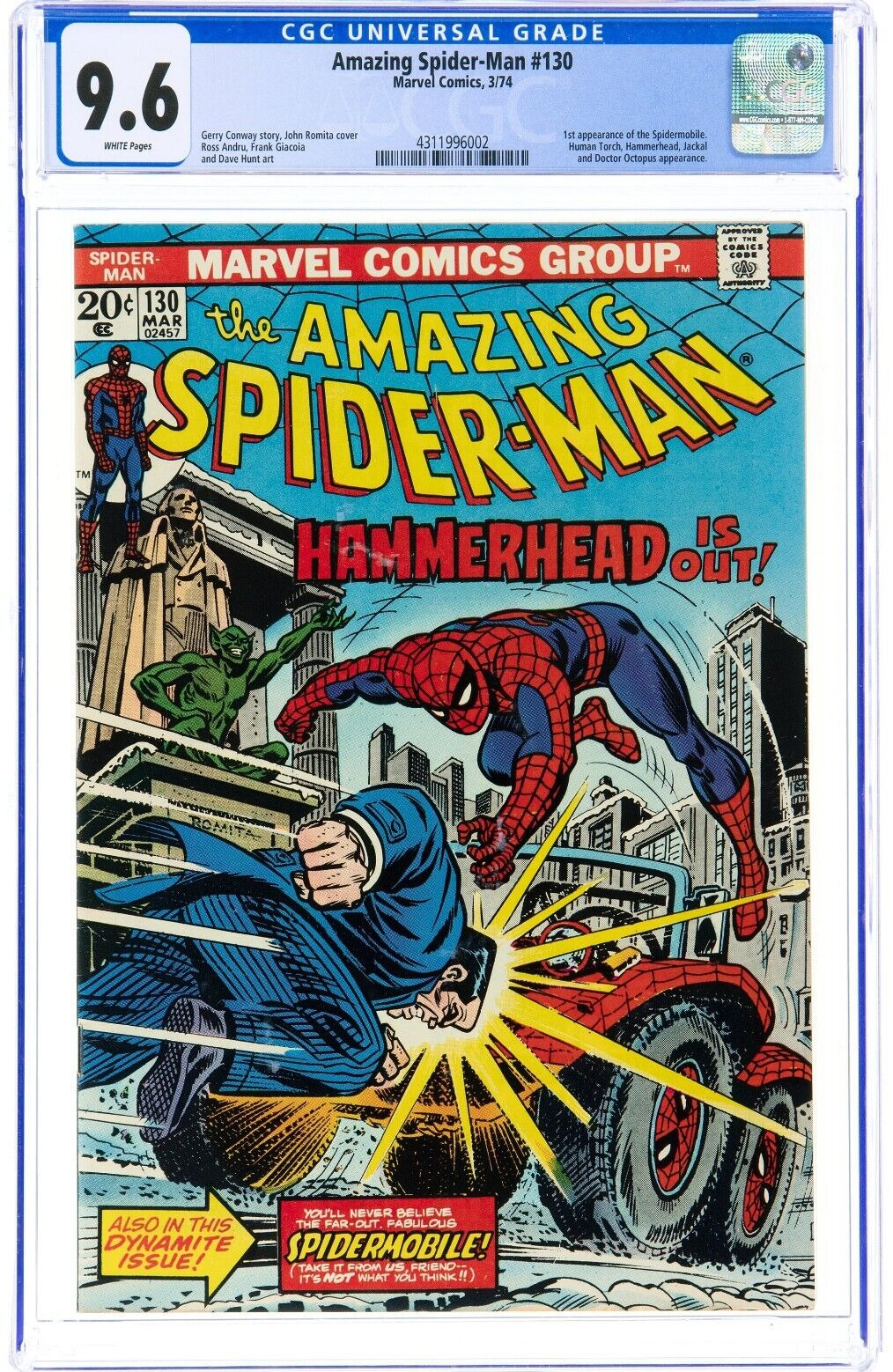 🔥1974 Amazing Spider-Man #130 CGC 9.6 WHITE Pgs 1st Appearance of Spidermobile.