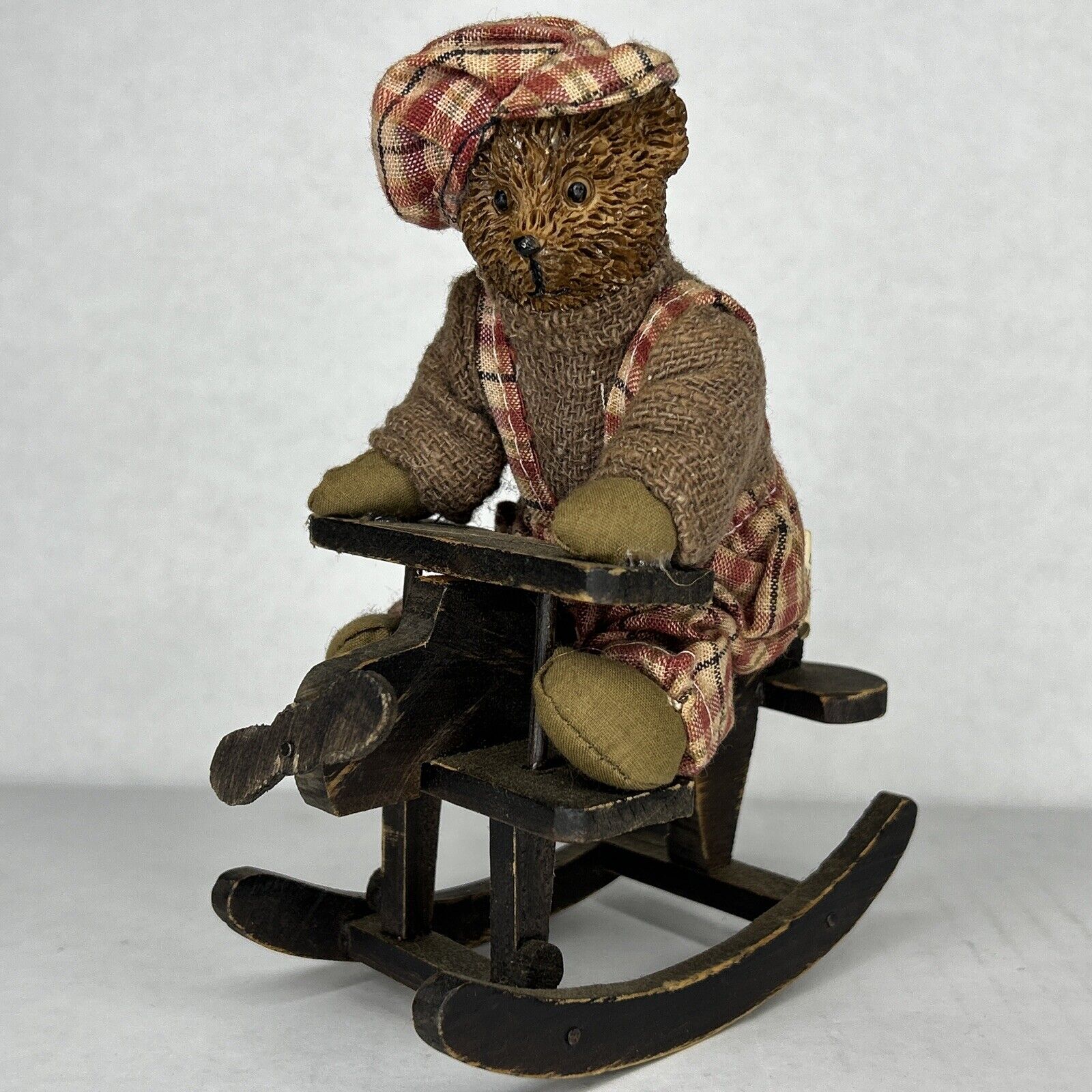 Vintage Teddy Bear on Wood Rocking Airplane Figurine