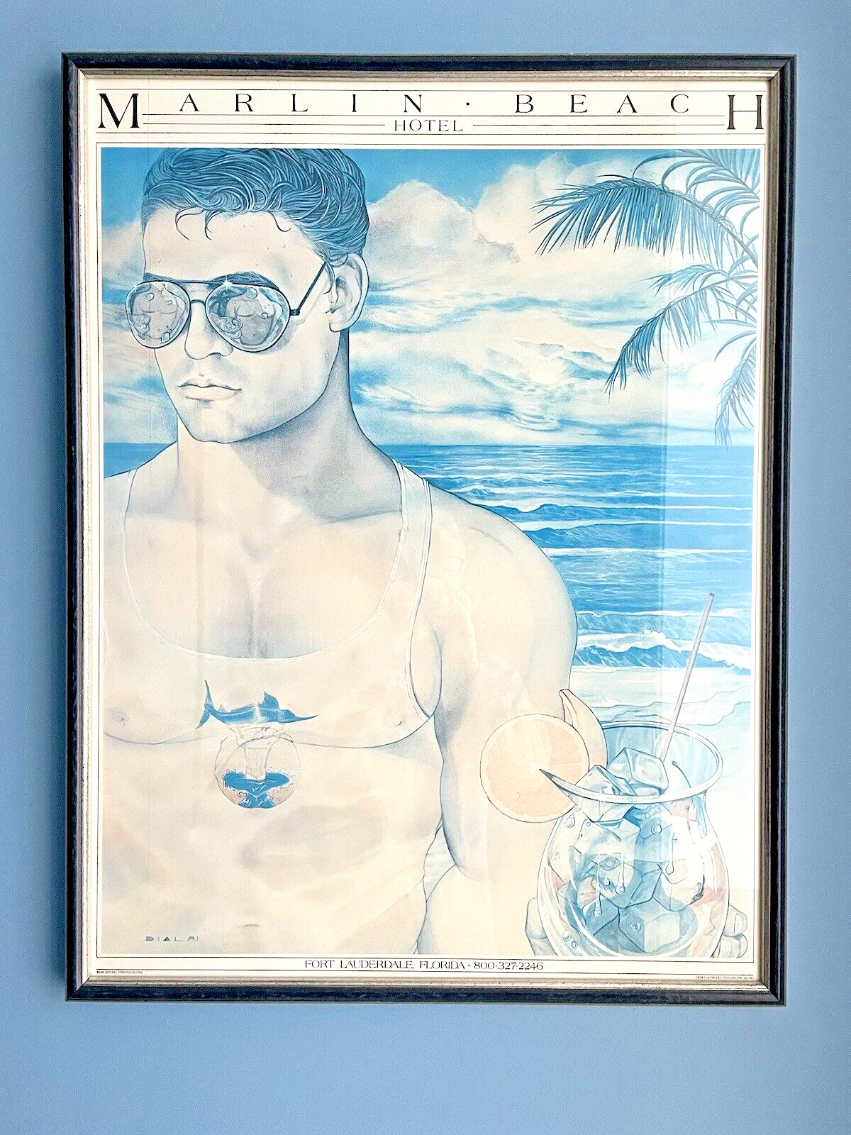 Marlin Beach Hotel- Dial 1981 Vintage Deco Travel Poster -Gay-Themed -Framed