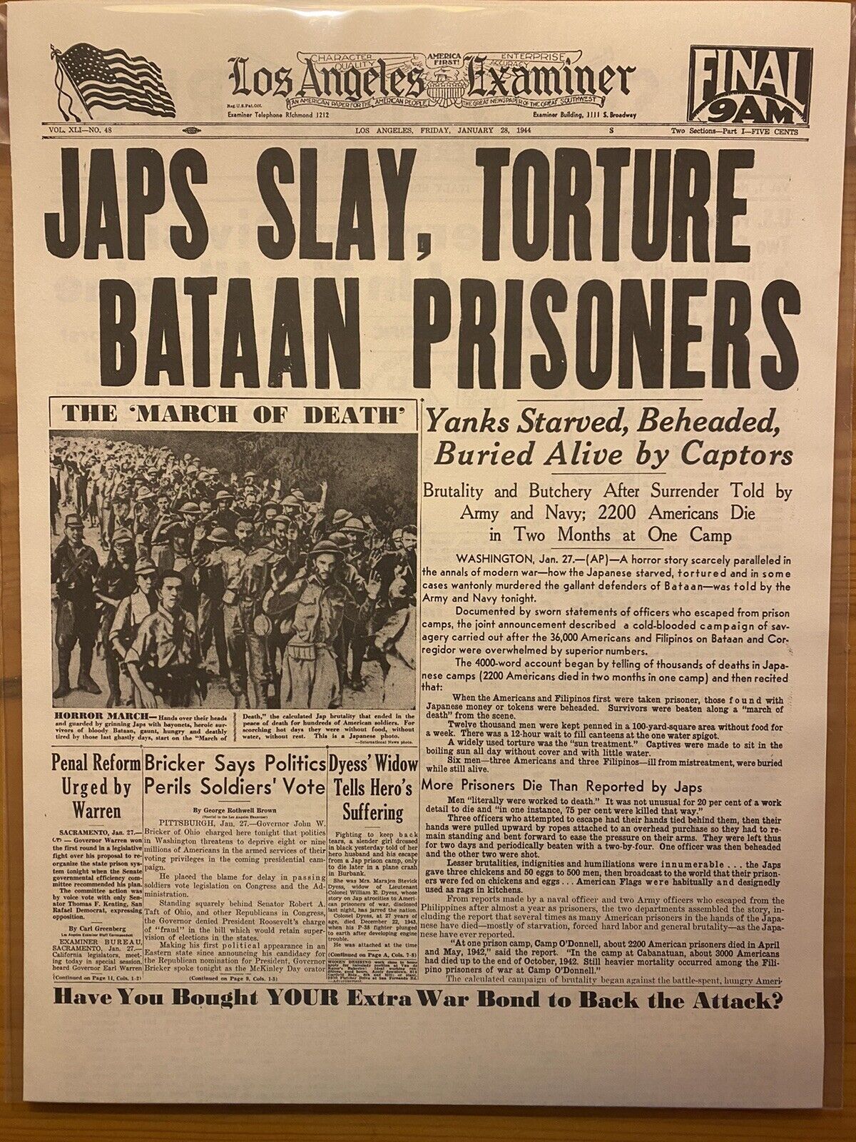 VINTAGE NEWSPAPER HEADLINE ~WORLD WAR JAPAN BATAAN SOLDIER DEATH MARCH WWII 1944