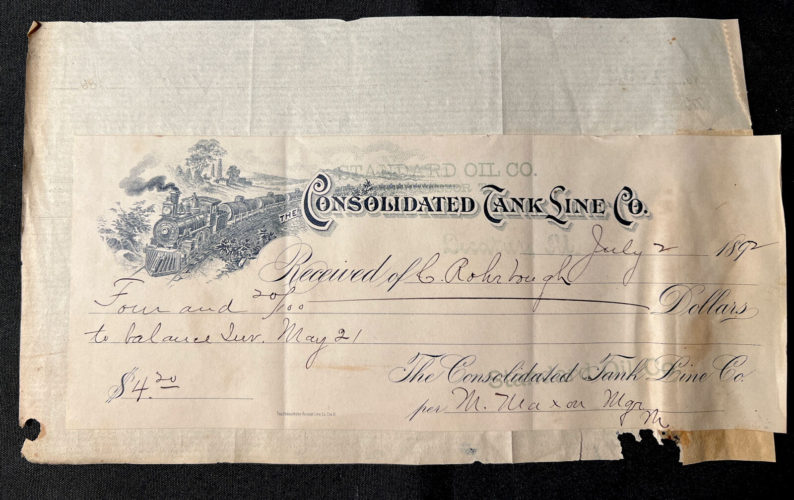 Antique 1892 STANDARD OIL Co Consolidated TANK Line Bill Head and Receipt