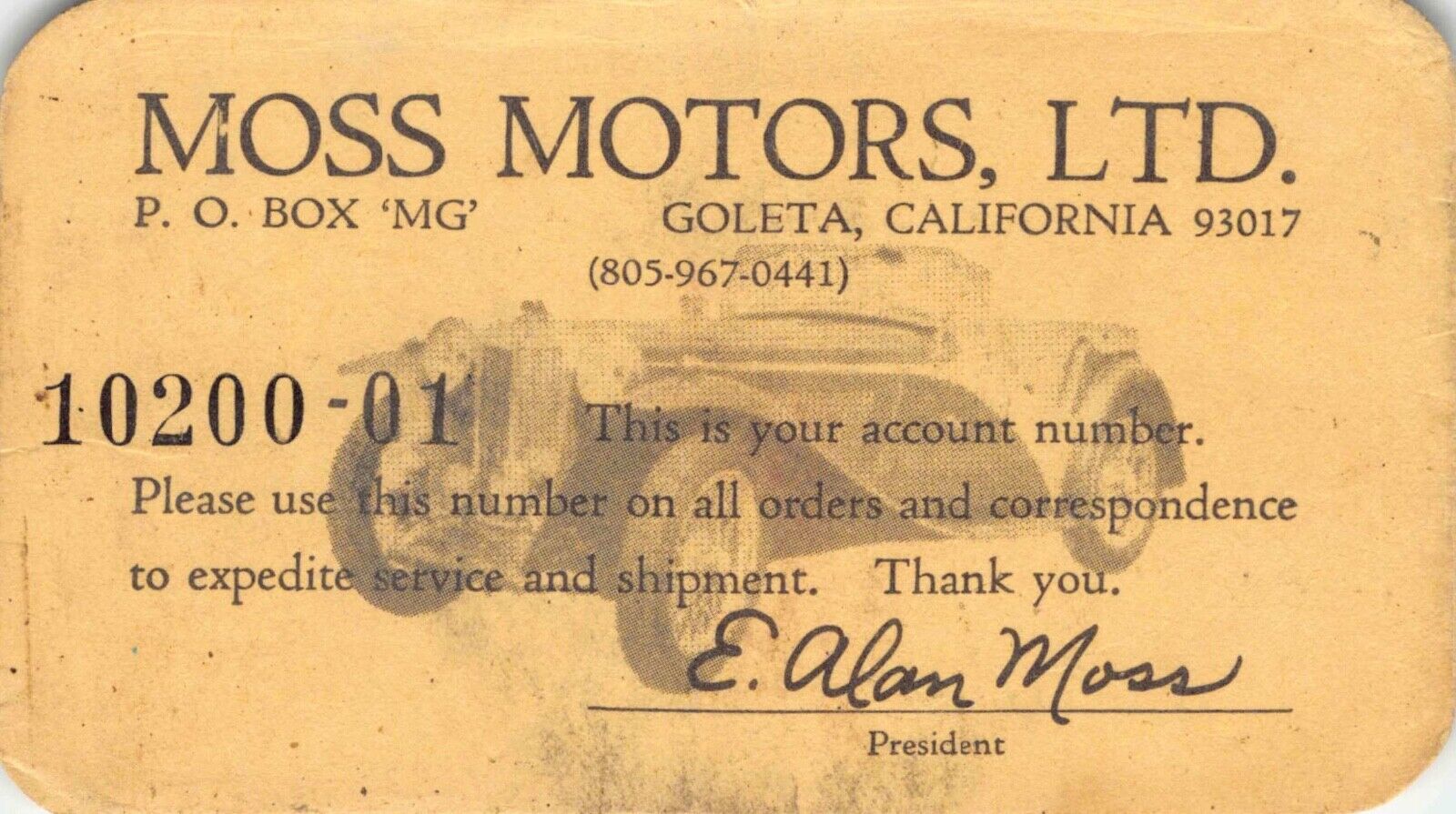 Moss Motors LTD Goleta California Membership Ad Business Card car auto vintage