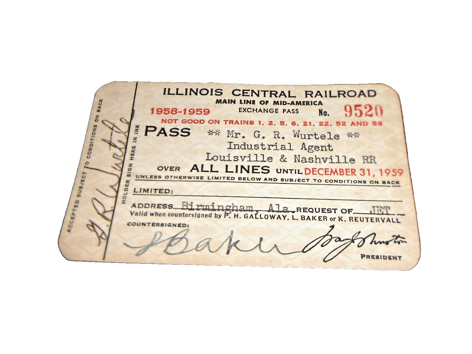 1958 1959 ILLINOIS CENTRAL RAILROAD EMPLOYEE PASS