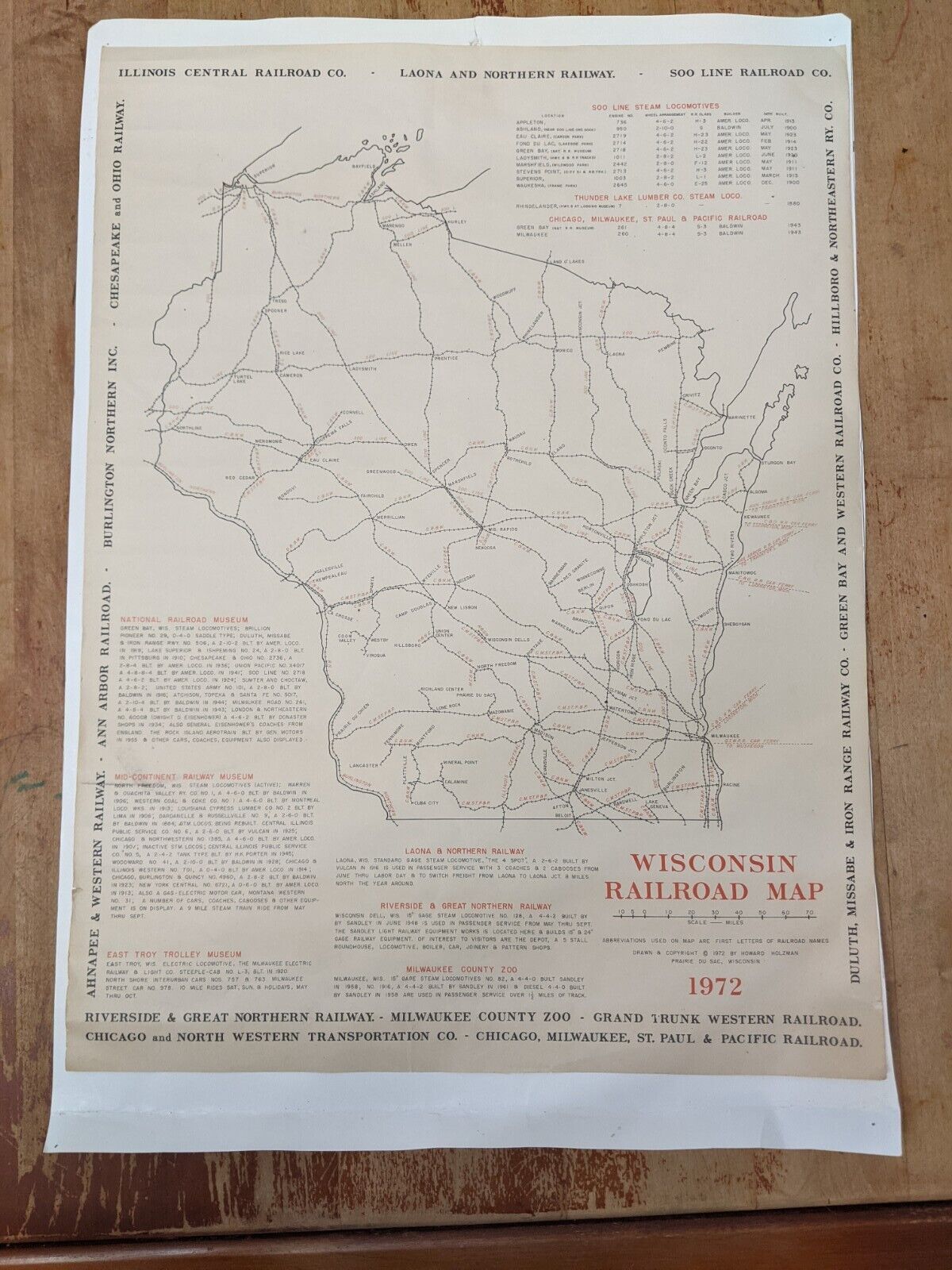VTG Wisconsin Railroad Map Large 1972 Howard Holzman Prairie Du Sac SOO Laona