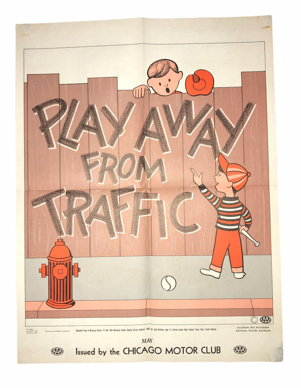 AAA Chicago Motor Club “Play Away From Traffic” 2 Sided Safety Poster 1964