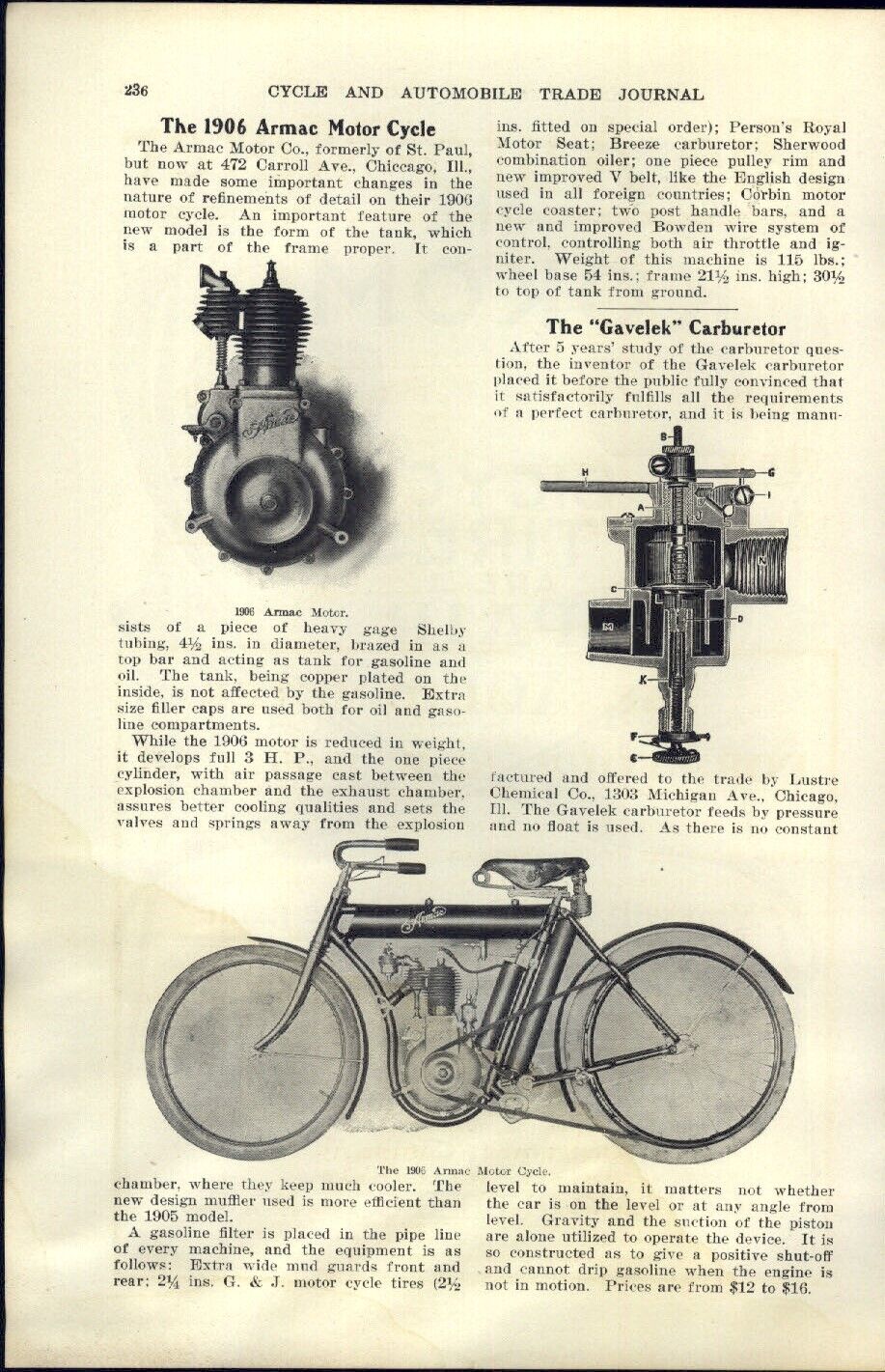 1905 PAPER AD CAR AUTO ARTICAL 1906 Armac Motorcycle Chicago IL