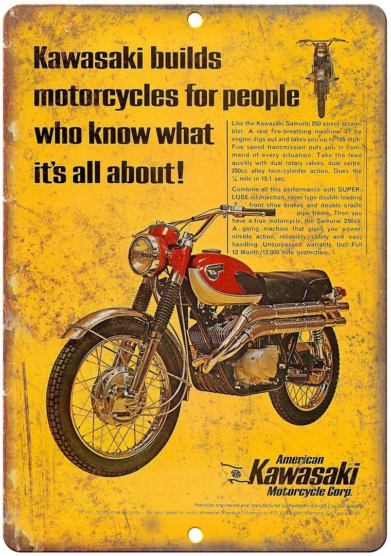 Kawasaki Motorcycle Corp. Garage Sign Ad Reproduction Metal Sign F25