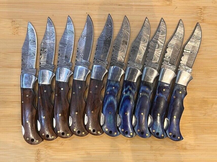 LOT of 10 pcs Damascus Steel Hunting Folding knife, Pocket Knives w/ Sheath WL