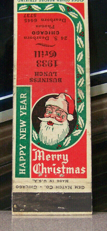 Vintage Matchbook Cover N4 Chicago Illinois Santa Merry Christmas 1933 Grill Hap