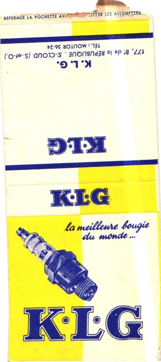 K.L.G Ignition Guide Automobiles, Moto-cycles Vintage Matchbook Cover