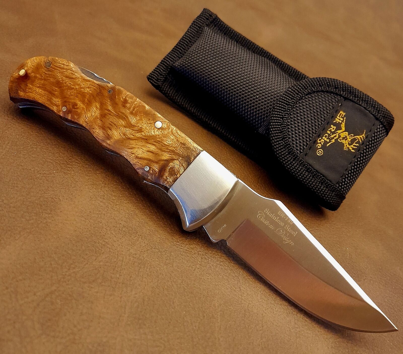 Elk Ridge Gentleman's EDC Burl Hard Wood Folding Pocket Knife w/Belt Sheath