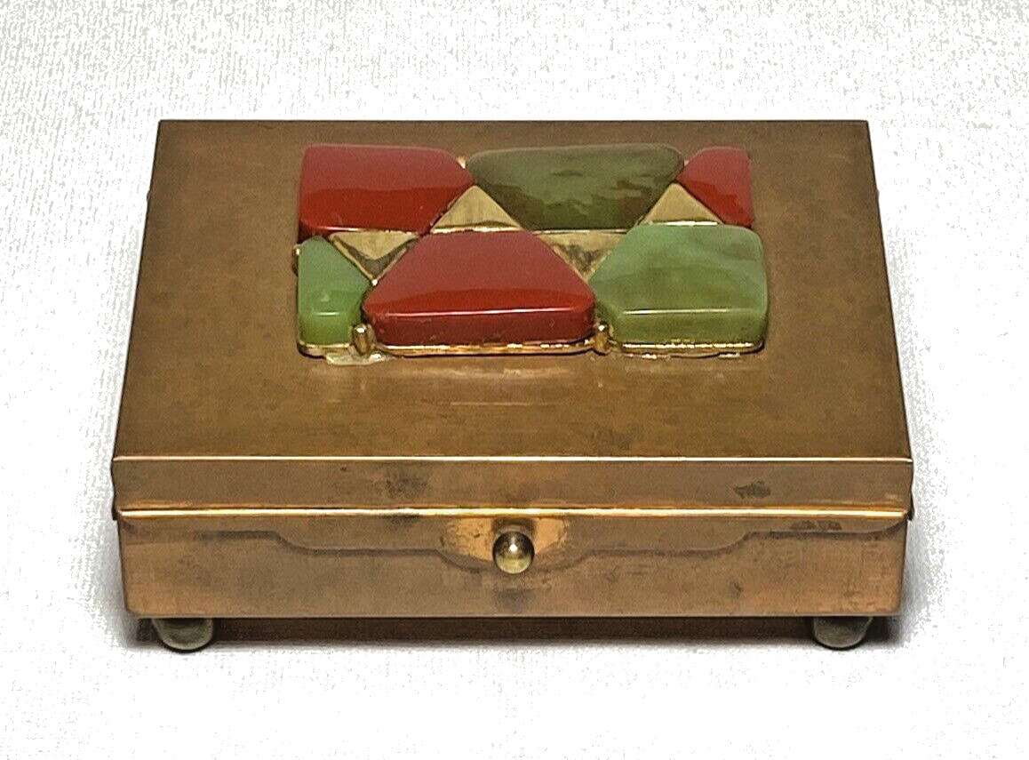 Early Handmade Small Copper Hinged BOX Adorned w/Polished-Cut Stones